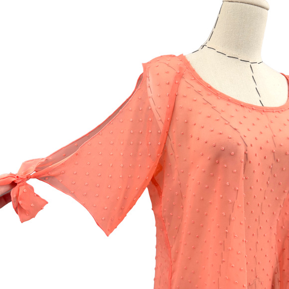 Ivy Jane Swiss Dot Sheer‎ Peach Blouse Cold Shoulder Bow Tied Womens Small - Picture 3 of 8